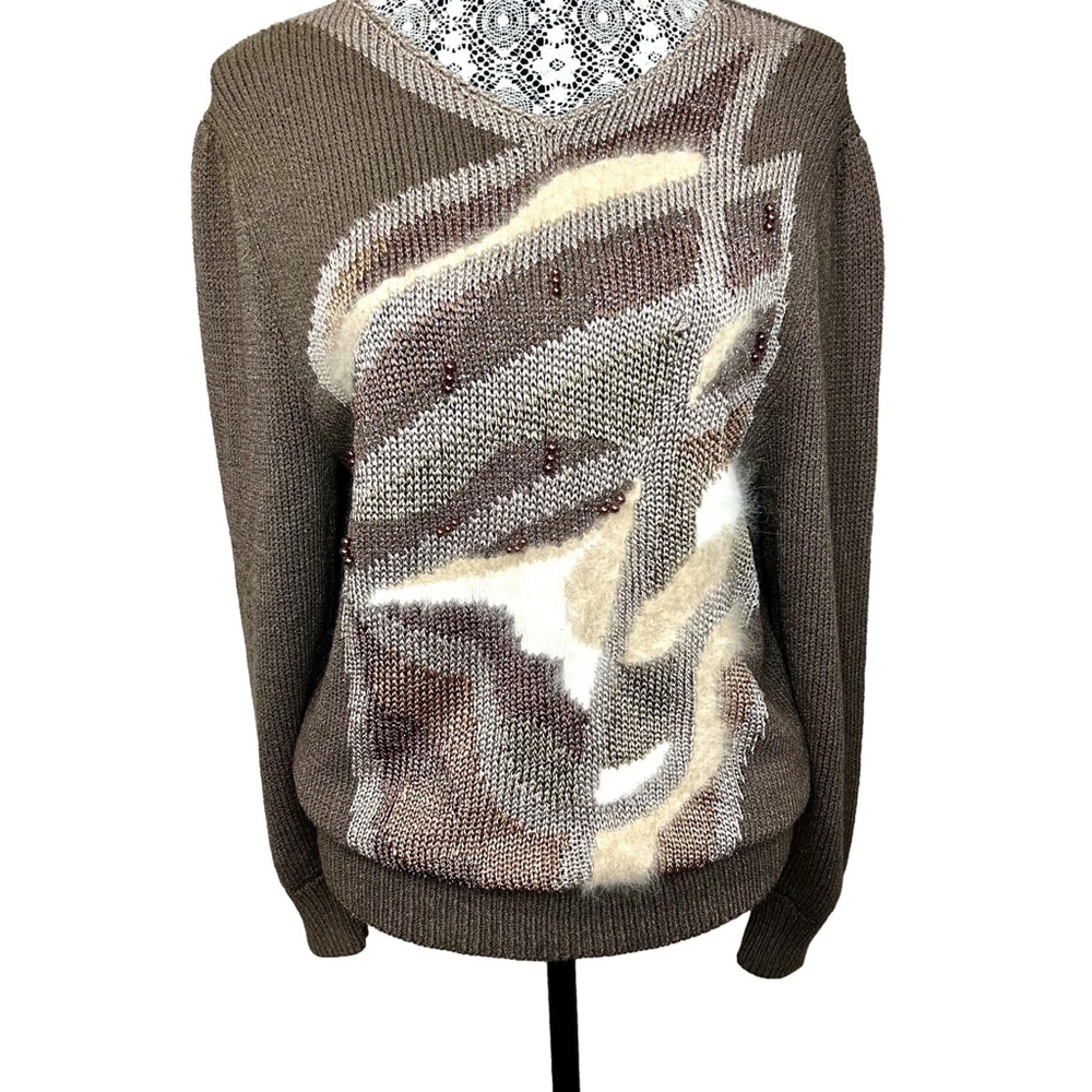 Vintage Lara Ferrante Brown angora accent V-Neck Sweater Size L
